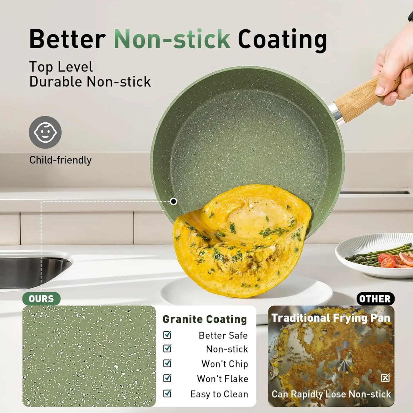 17Pcs Sage Green Pots and Pans Set Non Stick, Induction Kitchen Cookware Sets, Nonstick Granite Cooking Pans Set with PFOA&PFOS