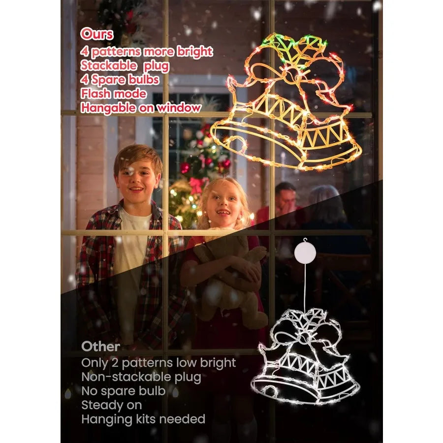 Christmas Window Silhouette Lights Decorations Pack of 4 Sign Colour Lighted Wreath Candy Cane Bell and Angel for Holiday Indoo
