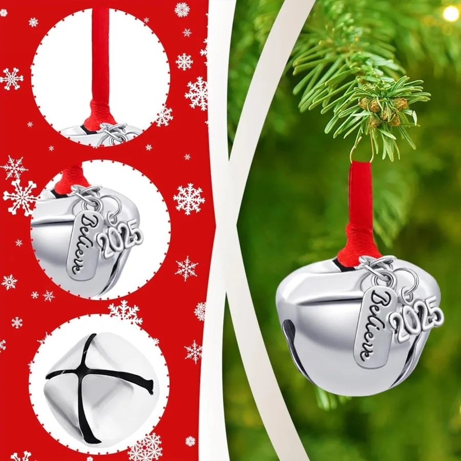 2025 Believe Christmas Bells 12 Pieces Santa Claus Sleigh Bells for Christmas Eve Decorations Silver 1.4inch/35mm Festive Tree