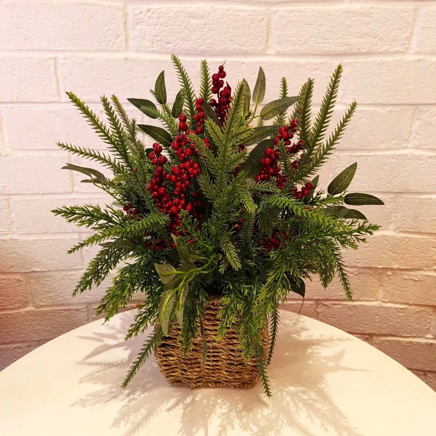 Winter Floral Basket with Berries Christmas Tabletop Decoration, Green and Red, 15"