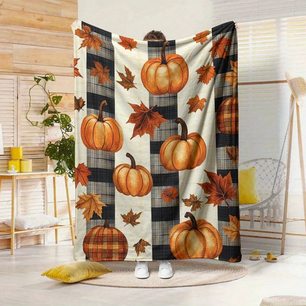 1pc Pumpkin & Fall Leaves Flannel Blanket - Soft Orange/Black/Plaid Pattern Throw - Machine Washable All-Season Bedspread