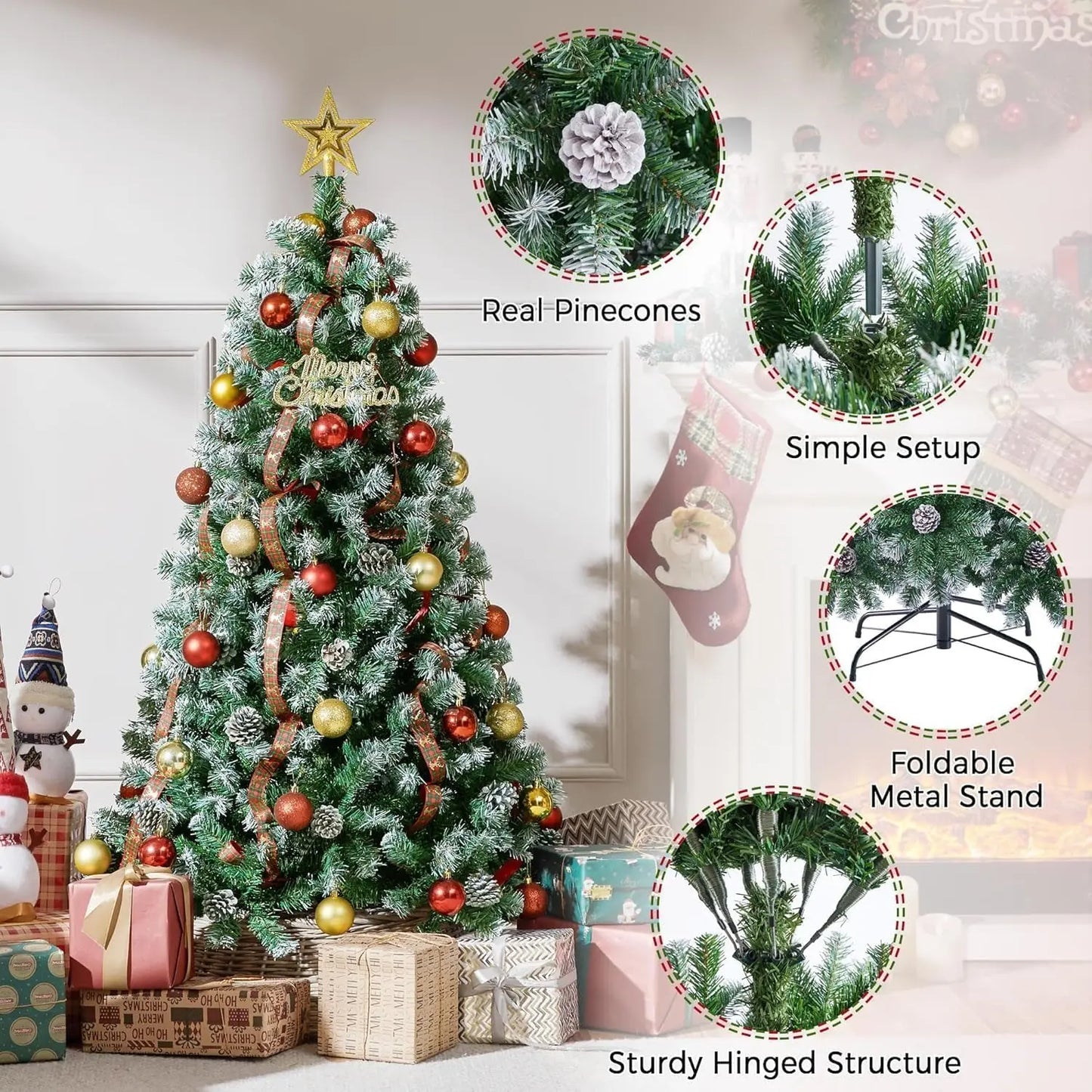 9ft Pre-Lit Christmas Tree Pre-Decorated with Pine Cones, 450 Tips Full Artificial Holiday Tree with Metal Stand for Home, Offic