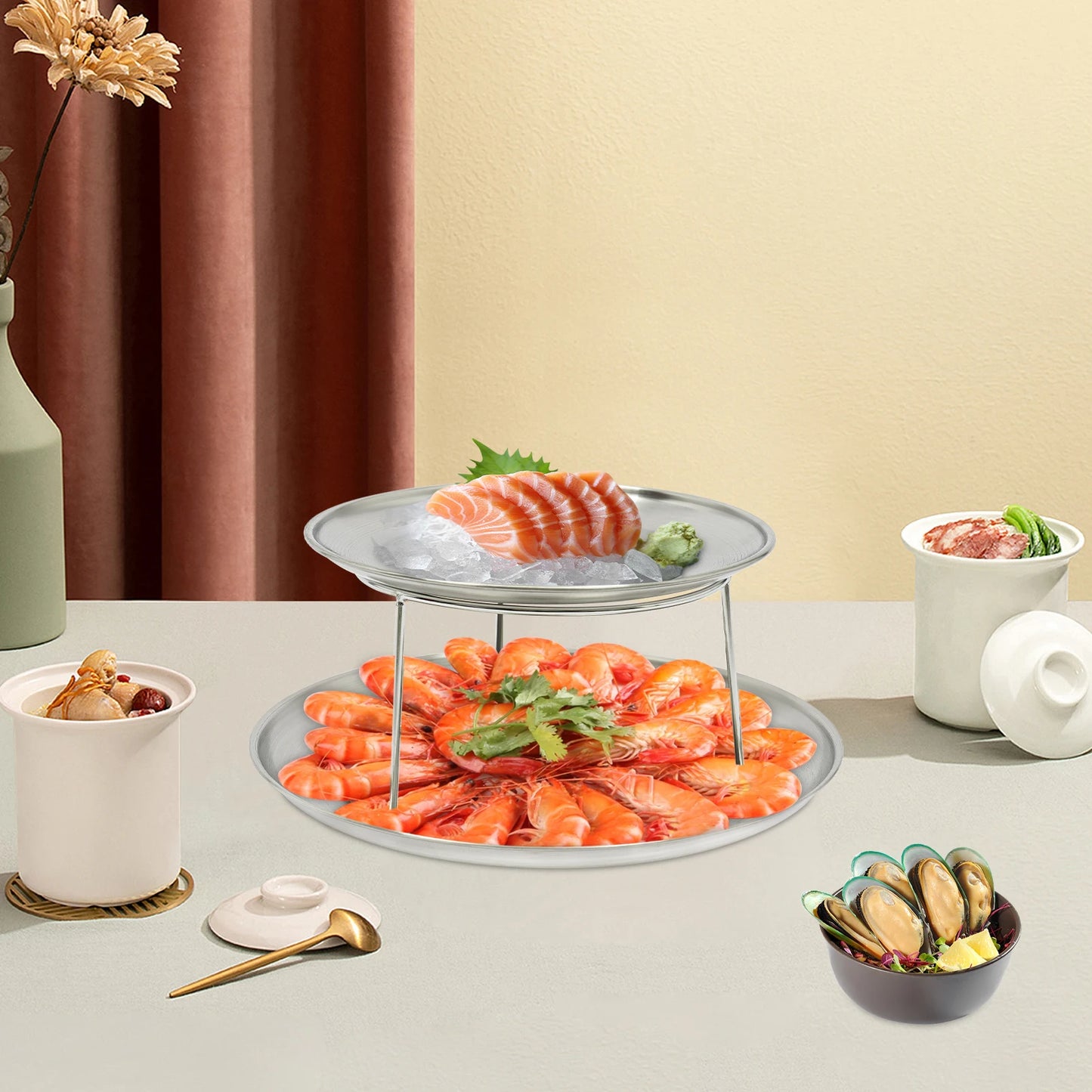 2-Tier Seafood Serving Plate Set, 20cm & 25cm Round Metal Tray with Stand, Silver Appetizer Dish, Sushi Tray, Party Platter