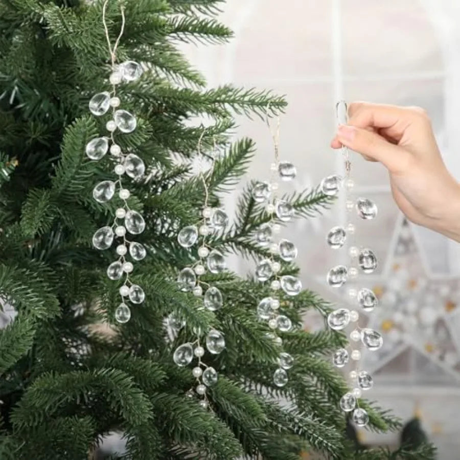 6 Packs Christmas Clear Garland Hanging Ornaments White Pearl Crystal Teardrop Acrylic Beads Xmas Tree Decorations Clear Chande