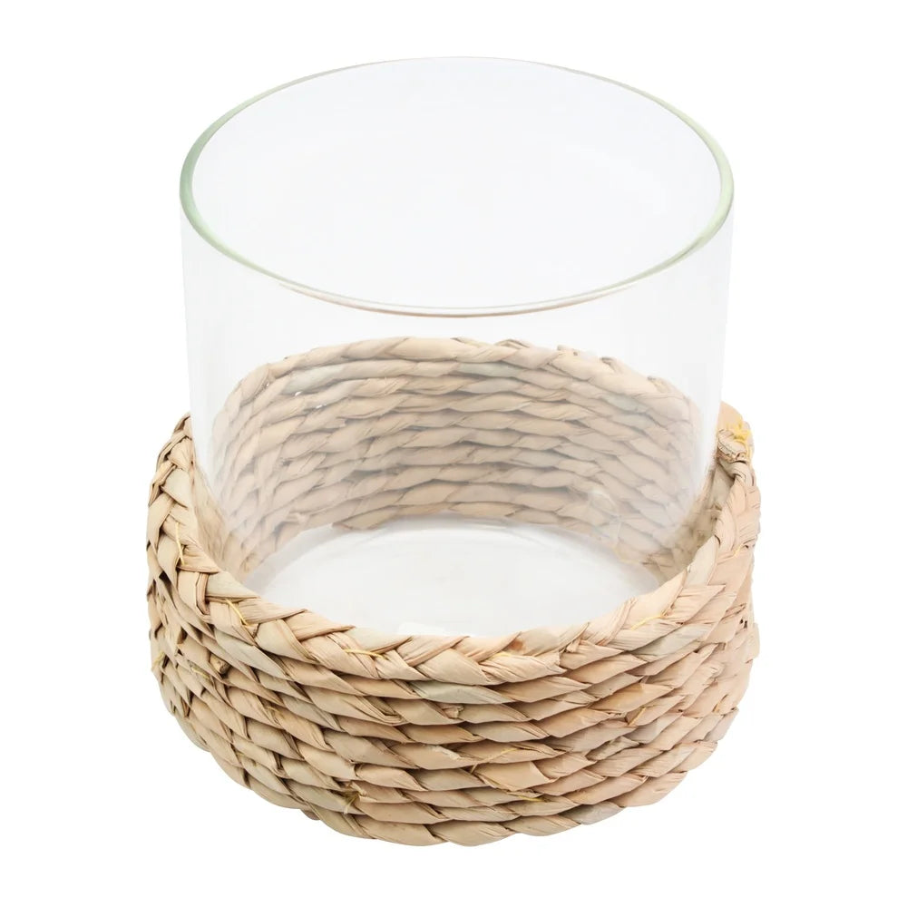 2 Pack Decorative Hurricane Candle Holder Woven Hyacinth Reed Pillar Style Home Decor Accent Gift