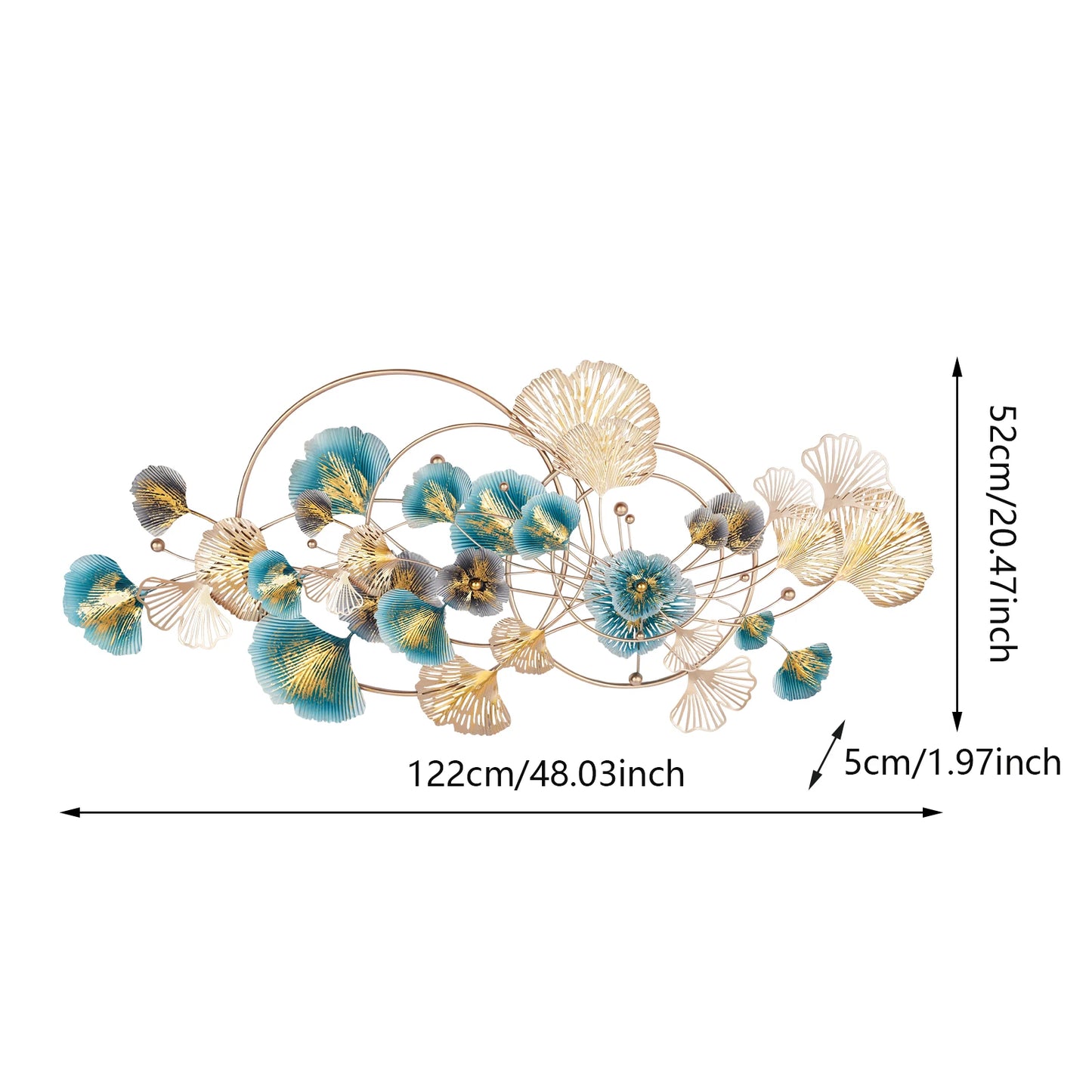 3D Golden Ginkgo Leaf Wall Hanging Decor with Frame, 48.03*20.47*1.97'' Metal Art Wall Sculpture for Living Room, Bedroom
