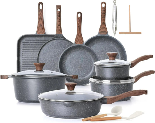 Nonstick Cookware Set 23-Piece, Non Stick Pots and Pans Set with Swiss Granite Coating, Healthy Kitchen Cooking Set, Stay-Cool H