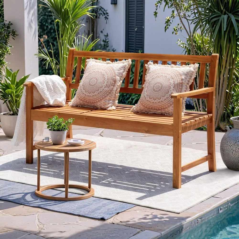 Outdoor Bench, 2-Person Garden Bench, Patio Wood Bench Outdoor Loveseat with Pull-Out Center Table for Backyard