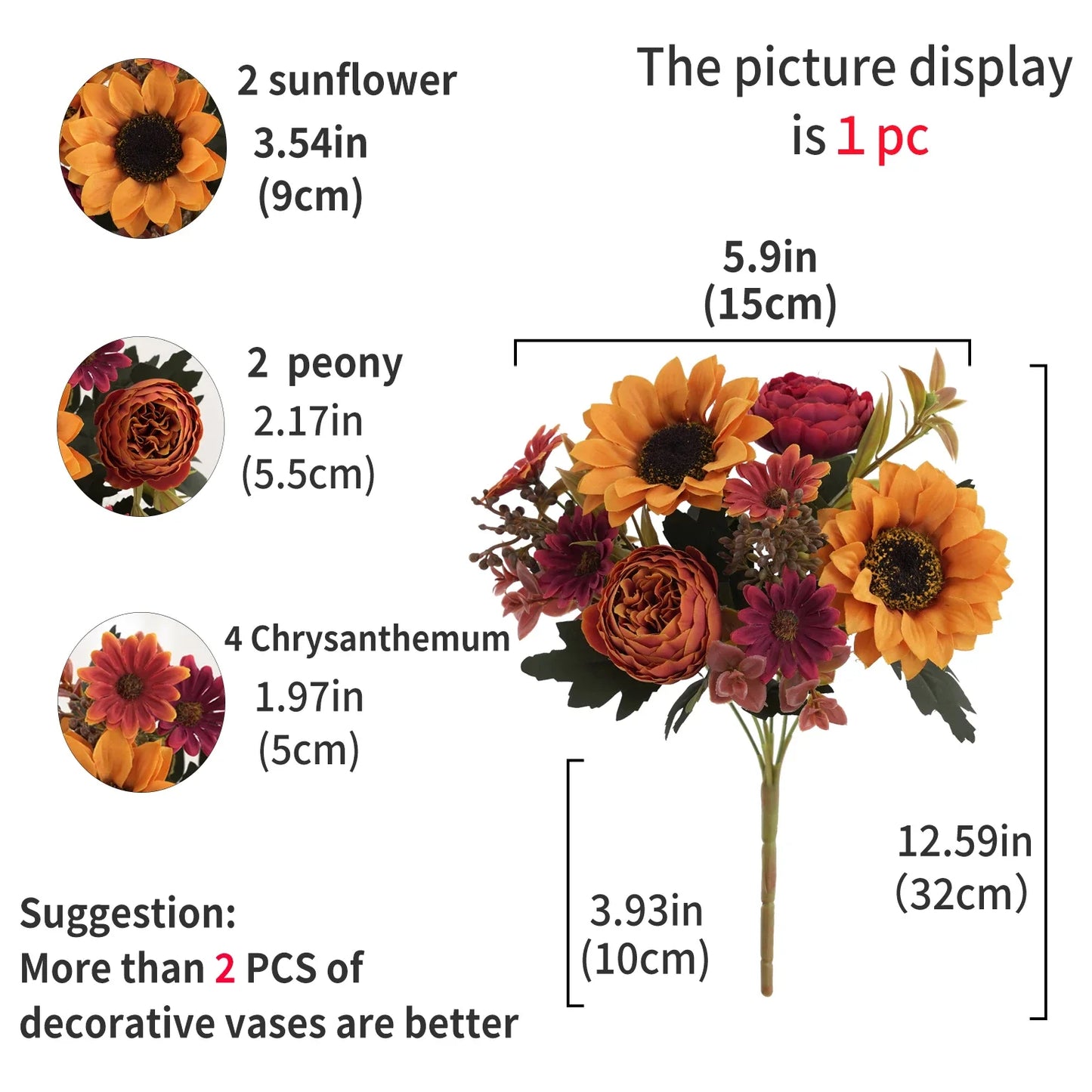 1/4Pcs Sunflowers peony Artificial Flowers Fall Summer Decor, Fake Fall Flowers Silk Faux Sunflower Bouquet Vines room decor