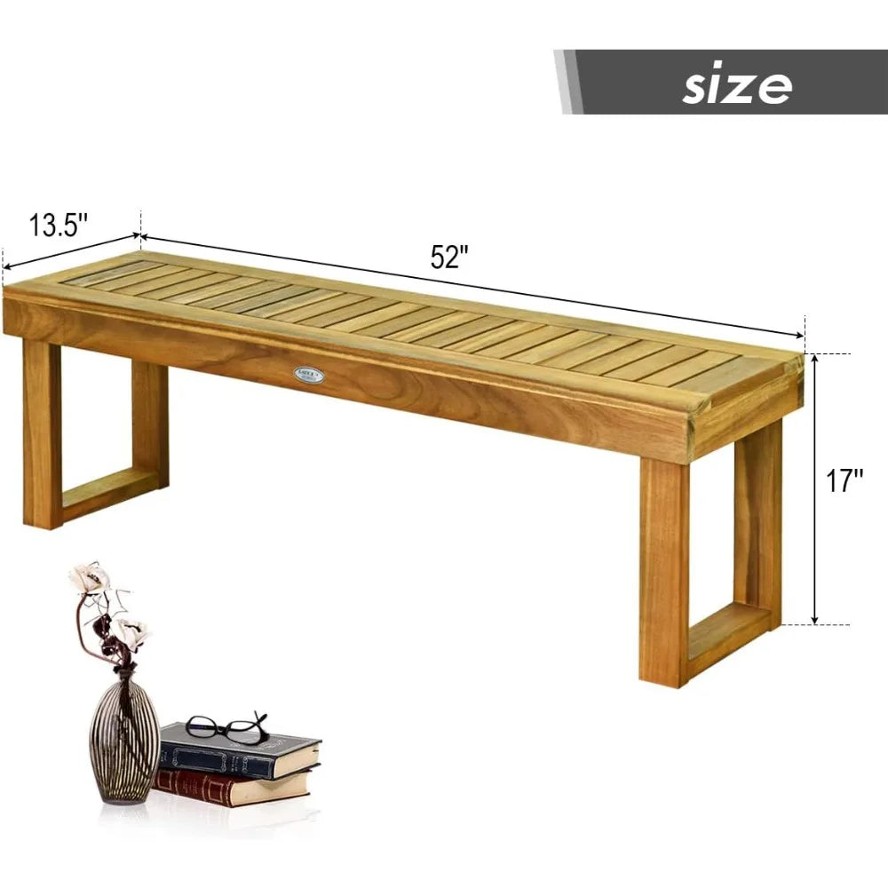 52” Outdoor Acacia Wood Garden Bench, Patio Wood Dining Bench with Slatted Seat, Wooden Backless Bench for Outdoors & I