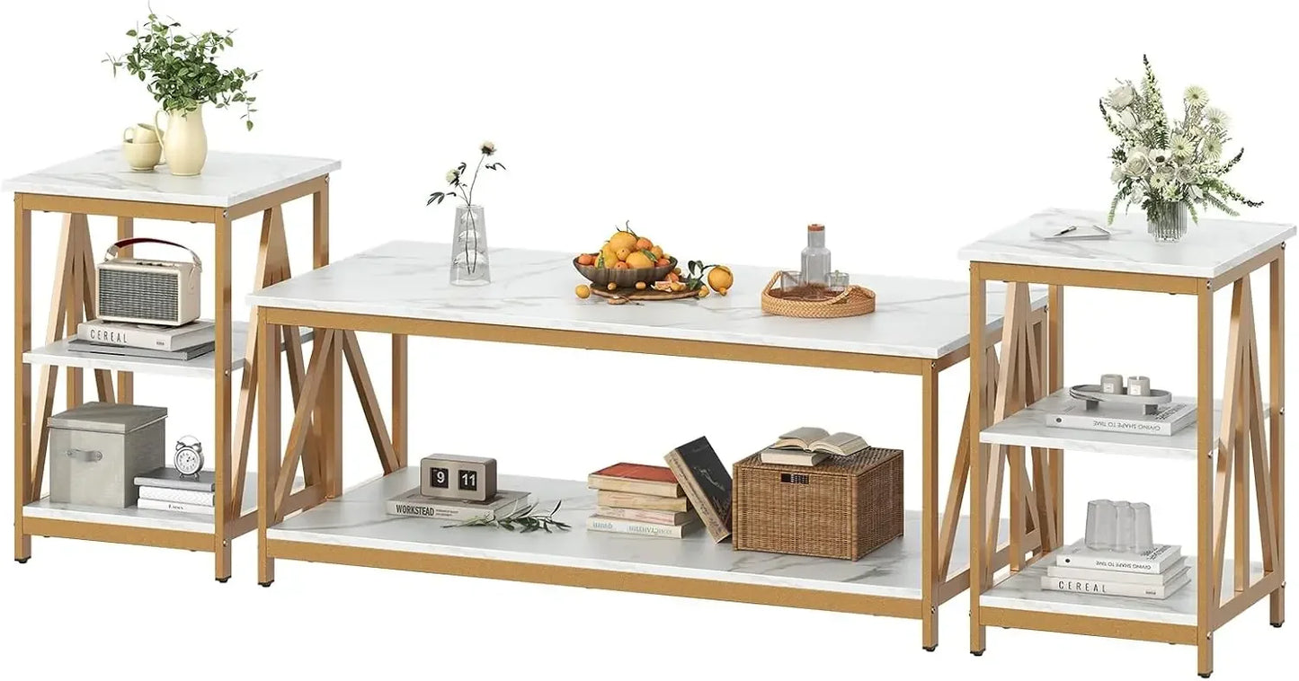 Bigbiglife Living Room Coffee Table Set of 3, Industrial X-Design Coffee Table and 2 End Side Tables,