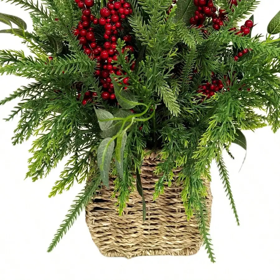 Winter Floral Basket with Berries Christmas Tabletop Decoration, Green and Red, 15"