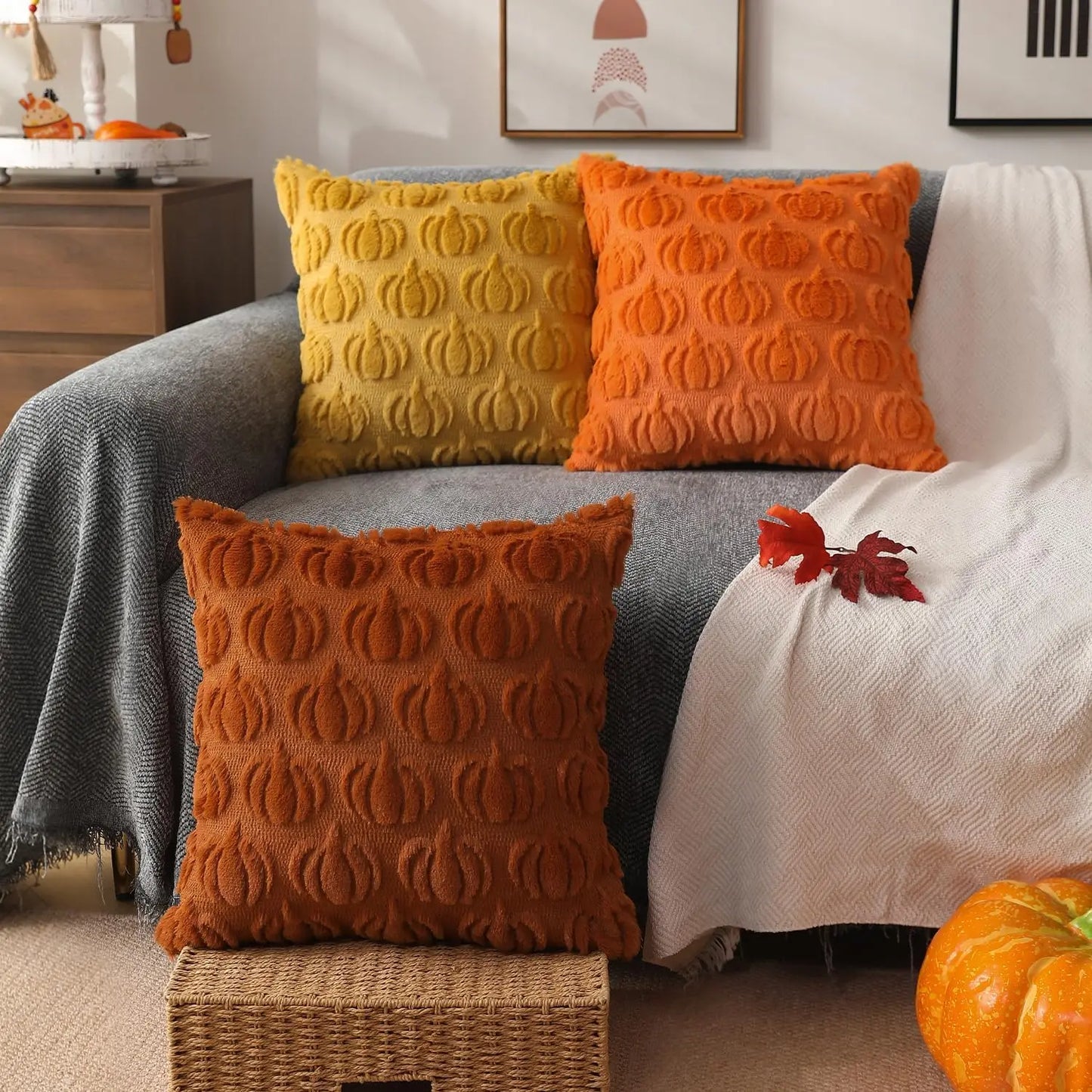 Fall Pillow Covers 18x18 Set of 2 Fall Decorations Autumn Rust Pumpkin Throw Pillow Cases Soft Plush Faux Fur Wool Couch Cushion