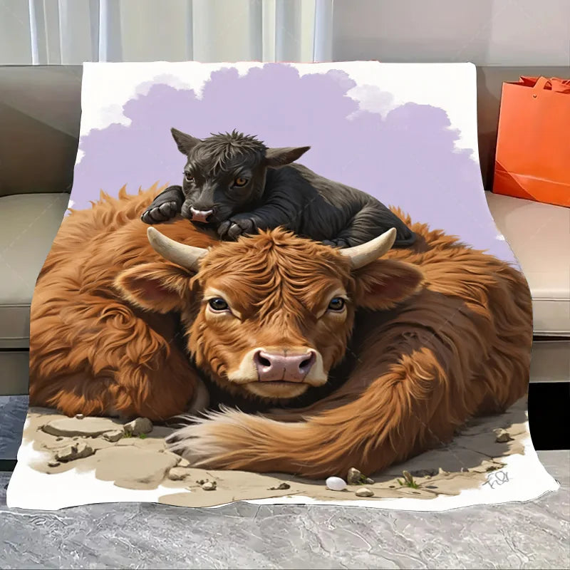 1pc Flannel Blanket Rustic Farmhouse Bull Blanket - Cozy Pastoral Scene Throw for Home Decor