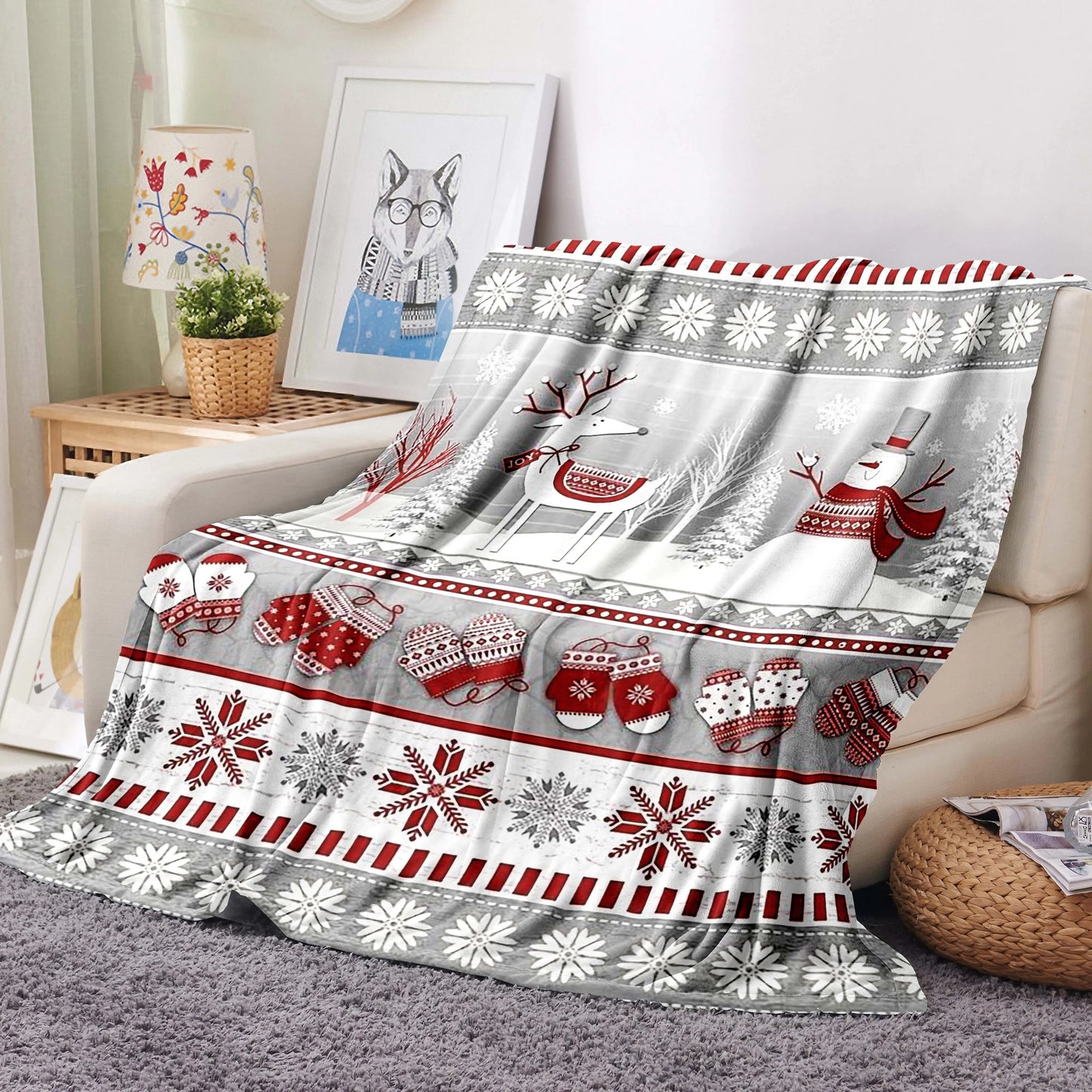 Cozy Vintage Christmas Reindeer & Snowman Flannel Throw Blanket - Ultra-Soft, Warm & Anti-Pill for Couch, Bed, Travel