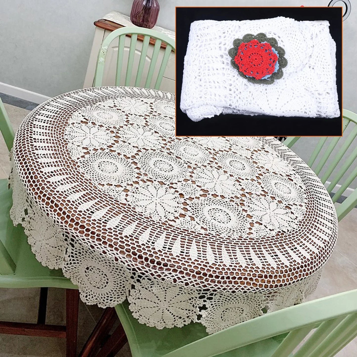 Handmade Crochet Tablecloth, 51.18" Round, Vintage Floral Cotton, Protects Furniture, Machine Washable, Ideal for Dining, Coffee