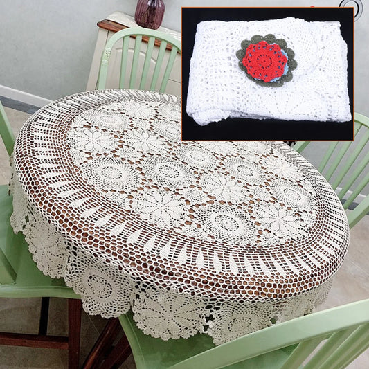 Handmade Crochet Tablecloth, 51.18" Round, Vintage Floral Cotton, Protects Furniture, Machine Washable, Ideal for Dining, Coffee