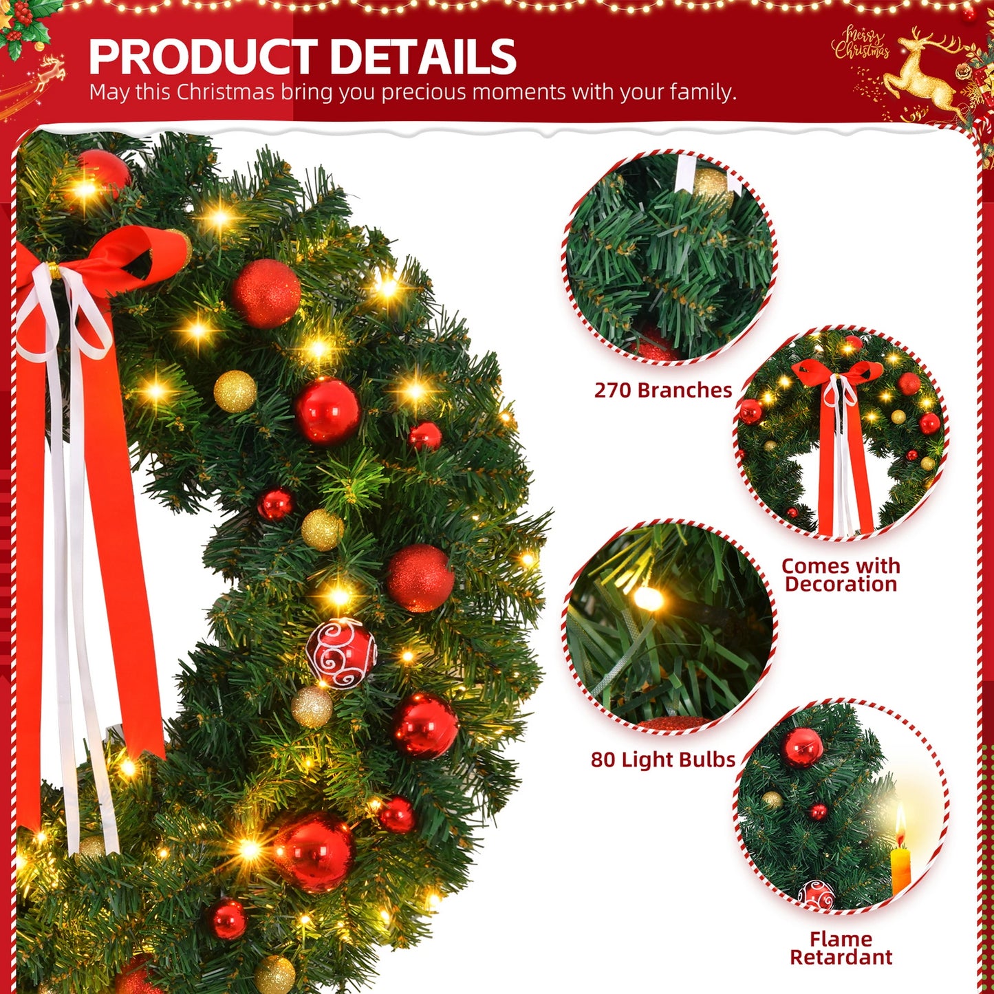 36in Pre-lit Battery Christmas Wreath, Lighted Artificial Xmas Wreath with 80 Warm Lights and 270 PVC Tips and 18 DIY Ornaments