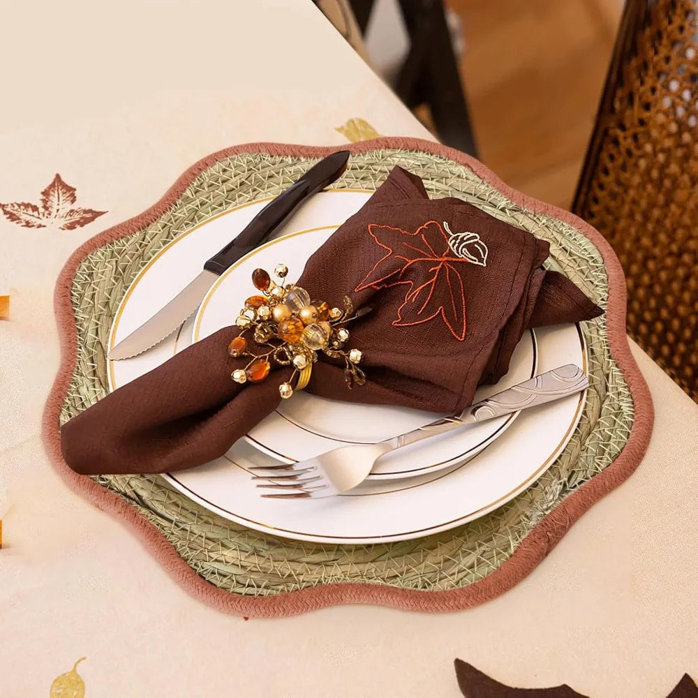 13.8 inch Fall Round Woven Placemats Set of 10 Boho Scalloped Rattan Place Mats Natural Water Hyacinth Flower Shaped Weave Mats