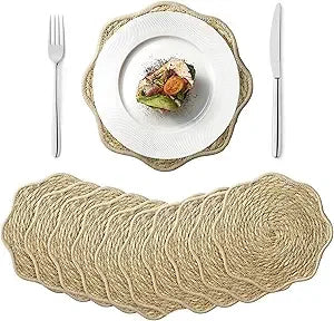 13.8 inch Fall Round Woven Placemats Set of 10 Boho Scalloped Rattan Place Mats Natural Water Hyacinth Flower Shaped Weave Mats