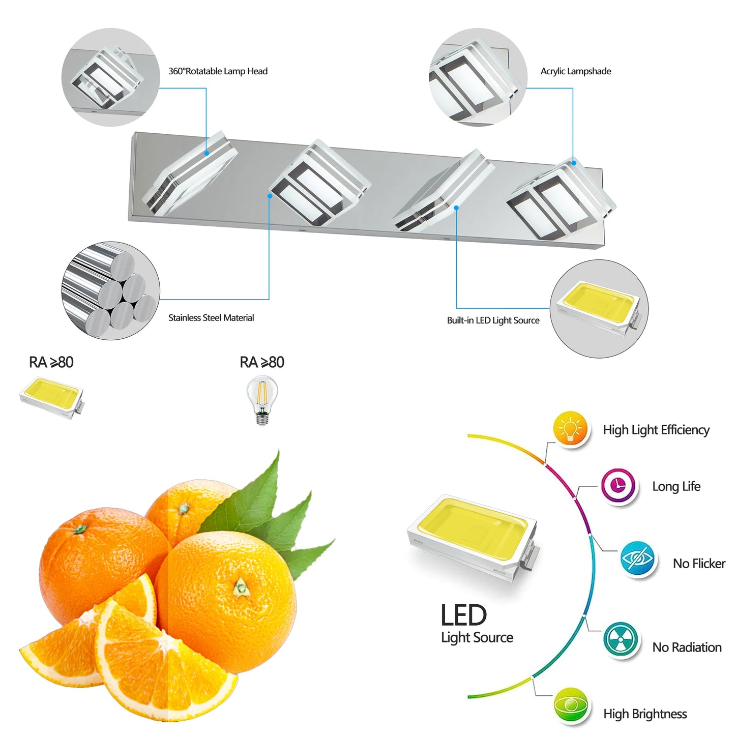 LED Modern Chrome Stainless Steel Vanity Lights, 4-Lights Acrylic Bathroom Vanity Light