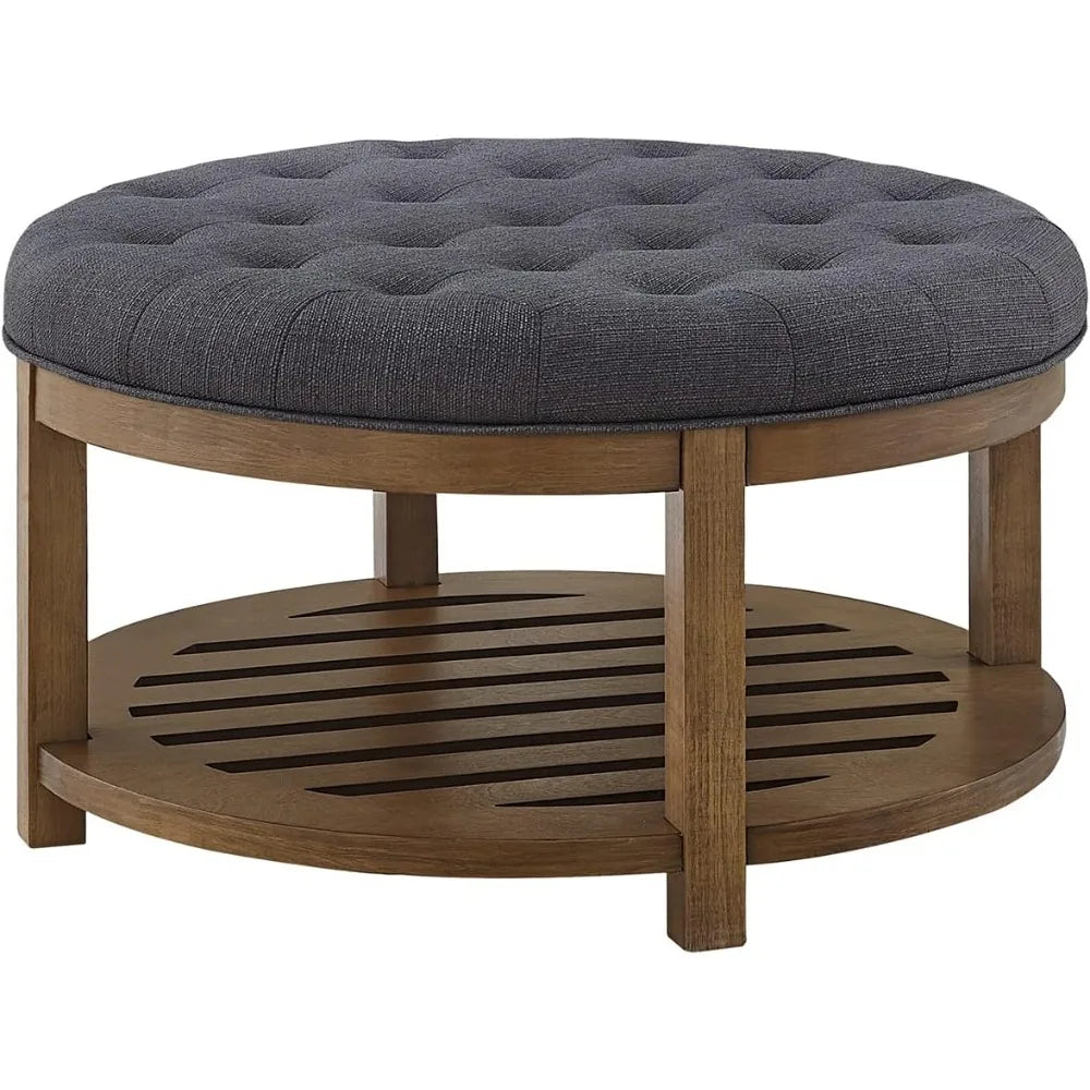 Large Round Upholstered Tufted Linen Ottoman Coffee Table, Large Footrest Ottoman with Wood Shelf Storage-Charcoal