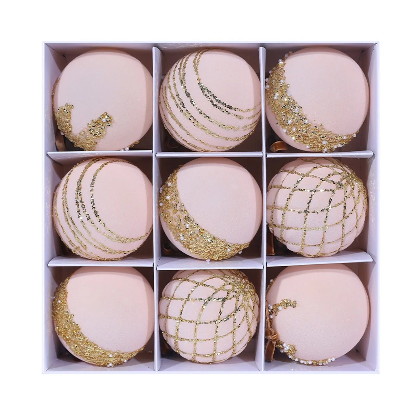 Christmas Ornament Red Gold Patterned Flocked Plastic 8cm 9pcs Christmas Tree Decor Festive Home Xmas Ball Set Accessory