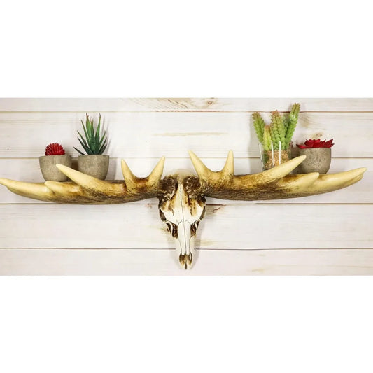 Rustic Western Emperor Moose Elk Skull Antlers Wall Hanging Floating Shelf with Hanger Point Hooks 27.5" Long Buck Deers Decora