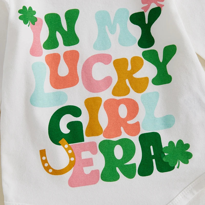 St Patrick s Day Toddler Girl Green Shamrock Print Long Sleeve Romper Ruffles Shorts Headband 3-Piece Outfit Set