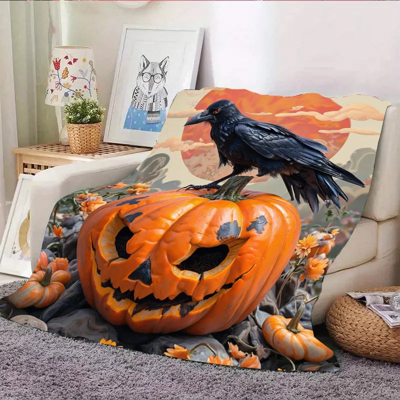 Flannel Blanket-Soft Lightweight All-season Halloween Pumpkin and Crow Cozy Baby Blanket Soft Plush Throw for Kids