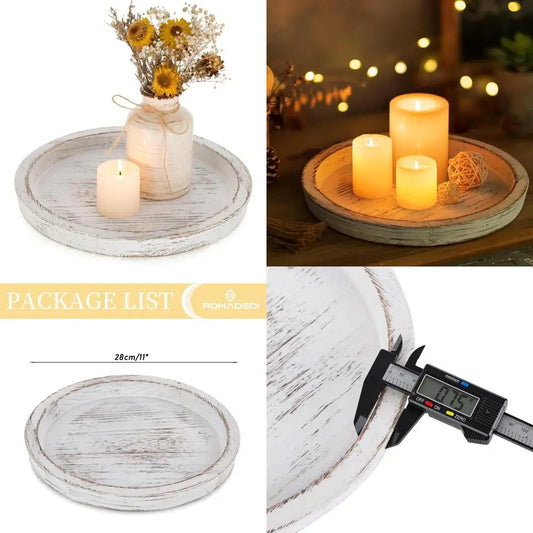 rustic wooden tray candle holder - round wood decorative pillar candle tray for coffee table farmhouse kitchen countertop organ