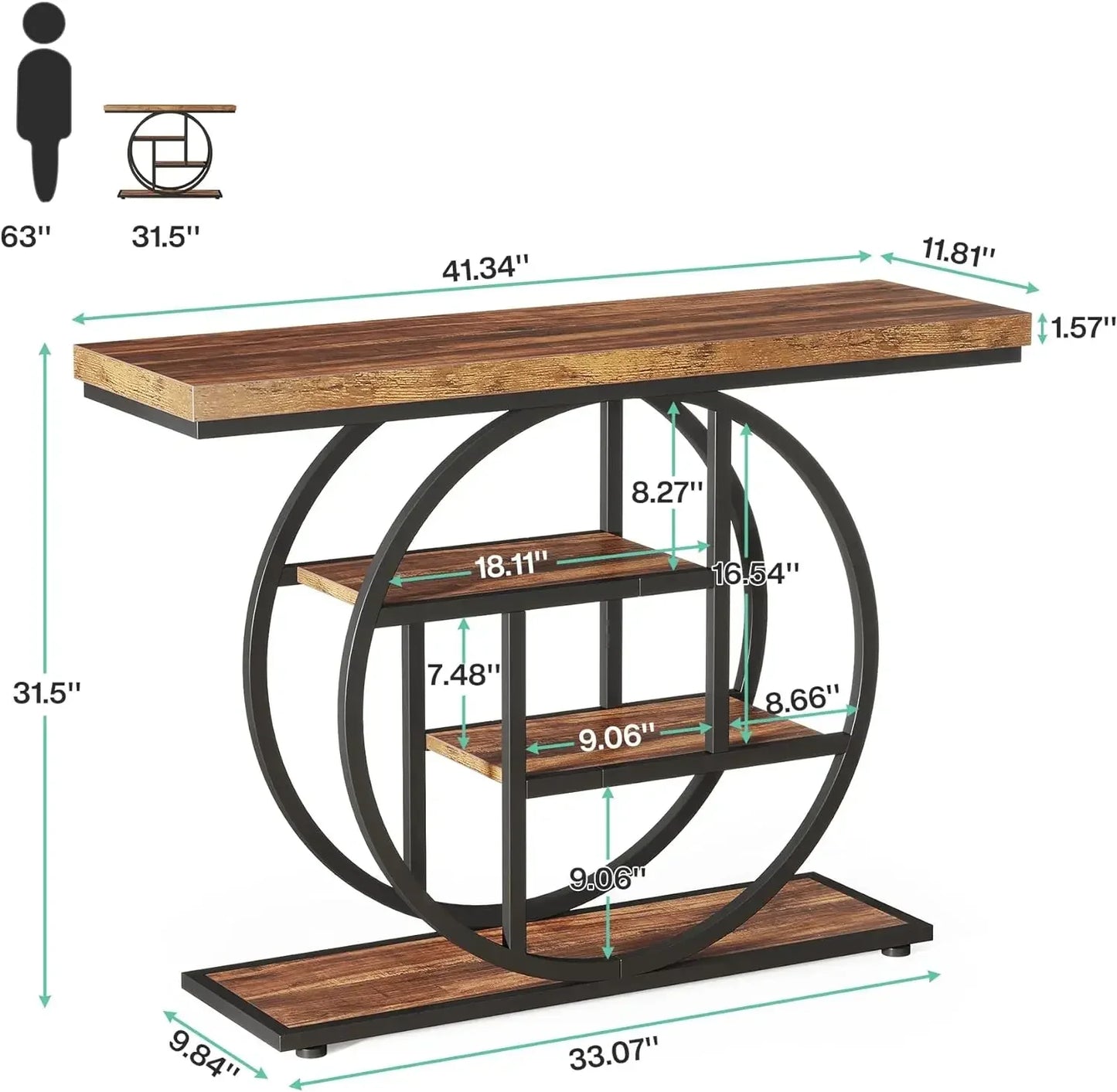Customizable 41.3" Console Table, Industrial 4-Tier Sofa Table Entryway Table With Circle Base