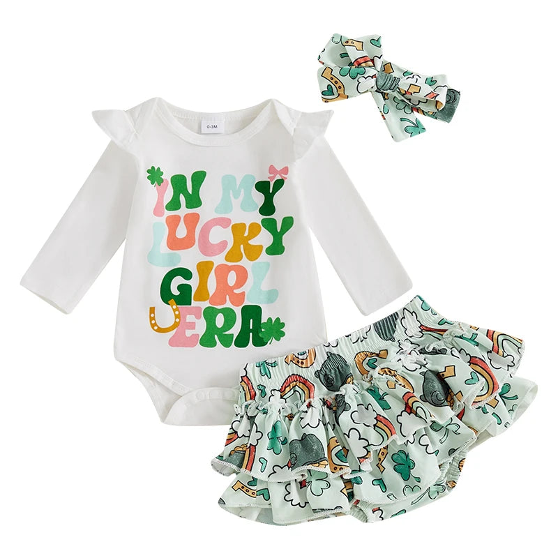 St Patrick s Day Toddler Girl Green Shamrock Print Long Sleeve Romper Ruffles Shorts Headband 3-Piece Outfit Set