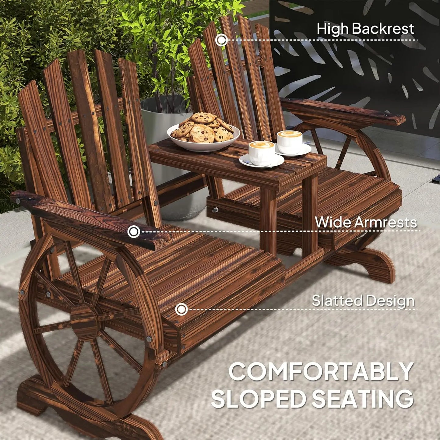 Wooden Garden Bench with Table, Umbrella Hole, 2-Seat Wagon Wheel Outdoor Bench with Slatted Seat, High Backrest, Armrests