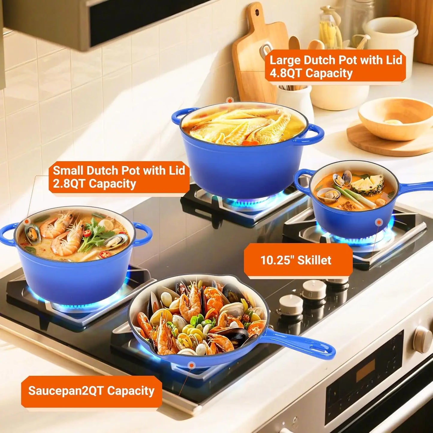 Ceramic Coated Cast Iron Cookware Set, 7-Piece Enameled Dutch Oven and Skillet Set with Lids, Nonstick Pots and Pans Set for Bre