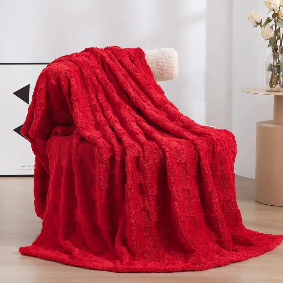 Red Fleece Throw Blanket 50×60 for Couch Sofa Beder Soft Cozy Plush Microfiber Flannel Blanket with 3D Checkered Design Lightwe