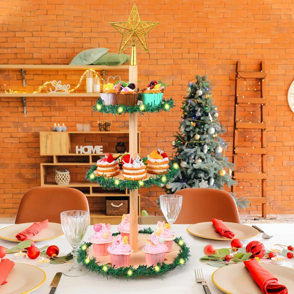 23.6" Wooden Christmas Tree Tiered Tray Decor Set with Golden Star & Garland, Holiday Table Centerpiece, Farmhouse Xmas Decor