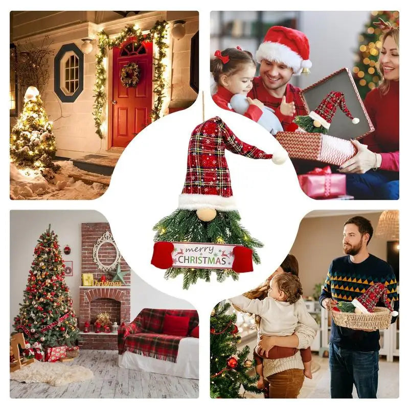 Christmas Door Wreath Gnome Wreath Pine Needle Christmas Wall Door Hanger With LED Lights Cute Faceless Doll Dwarf Pendant xmas