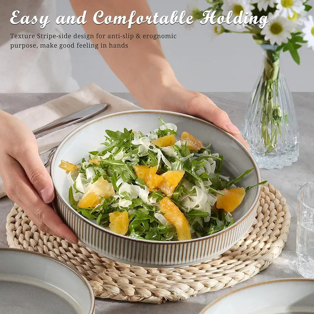 Pasta Bowls Set Of 4, 35Oz Large Salad Bowl Plate For Dinner Serving Soup, Wide & Shallow Ceramic Stoneware Pasta Plates,