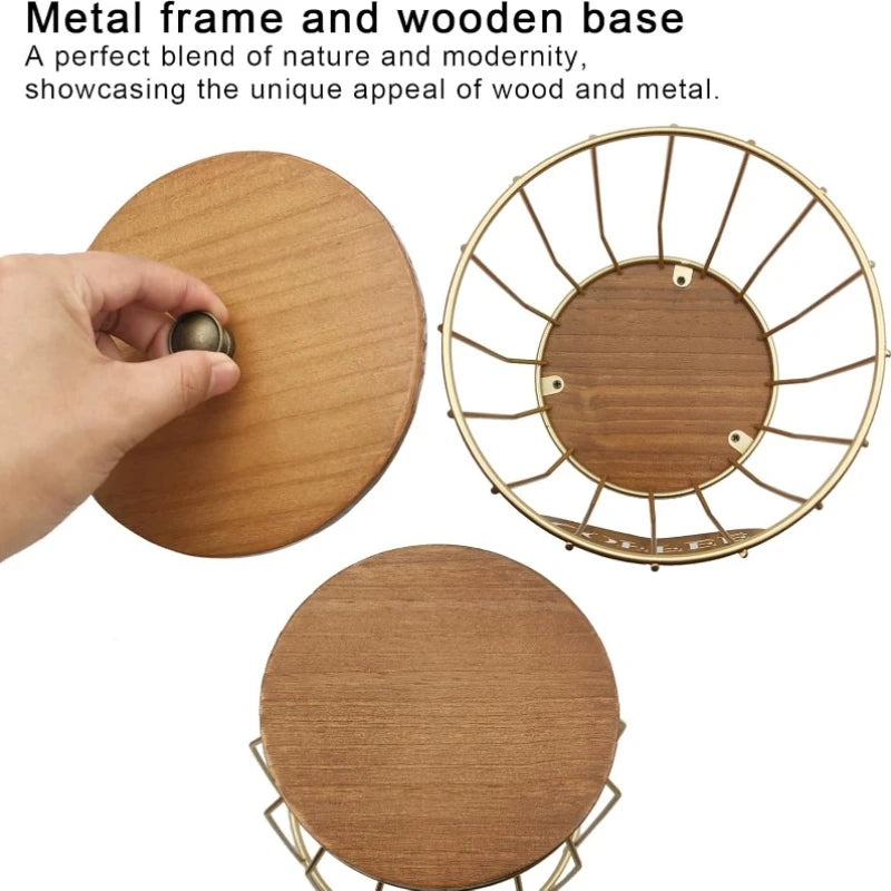 Round Coffee Pods Holder with Wooden Lid and Base Wire Coffee Pods Storage Basket for Home Cafe Bar Countertop Decor(Gold)