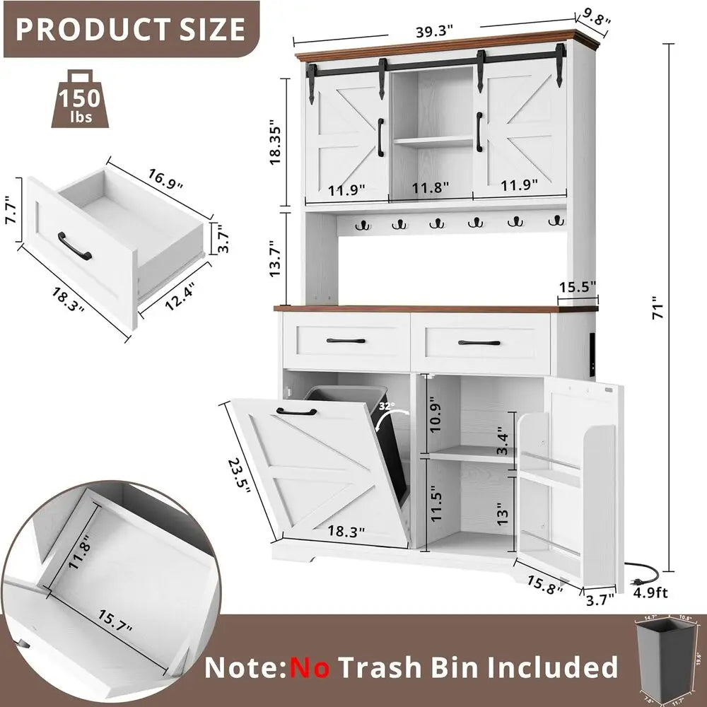IRONCK 72" Kitchen Pantry Storage Cabinet, Farmhouse Kitchen Hutch with Microwave Stand & Charging Station, Trash Can Cabinet