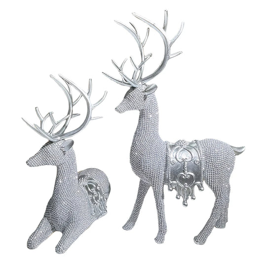 2pcs Beaded Deer Figurines Resin Christmas Reindeer Statue Set Christmas Reindeer Figurines for Christmas Holiday Decor