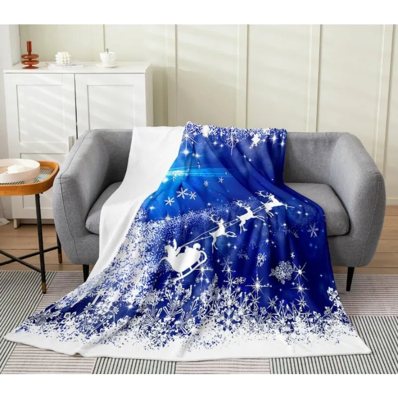 Christmas Blanket Blue Christmas French Plush Elk Pattern Suitable for Bed, Sofa, Chair, Living Room