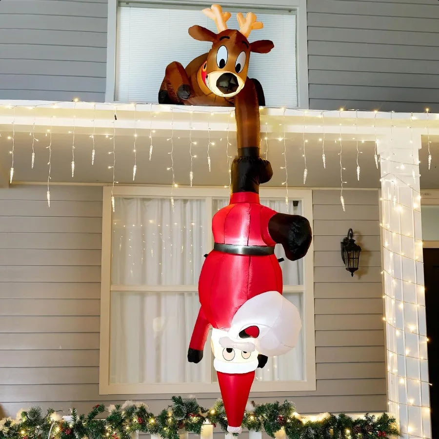 8 FT Hanging Christmas Iatables Decoration Christmas Iatable Reindeer and Climbing Santa Blow Up Santa with Buildin LED for Xma