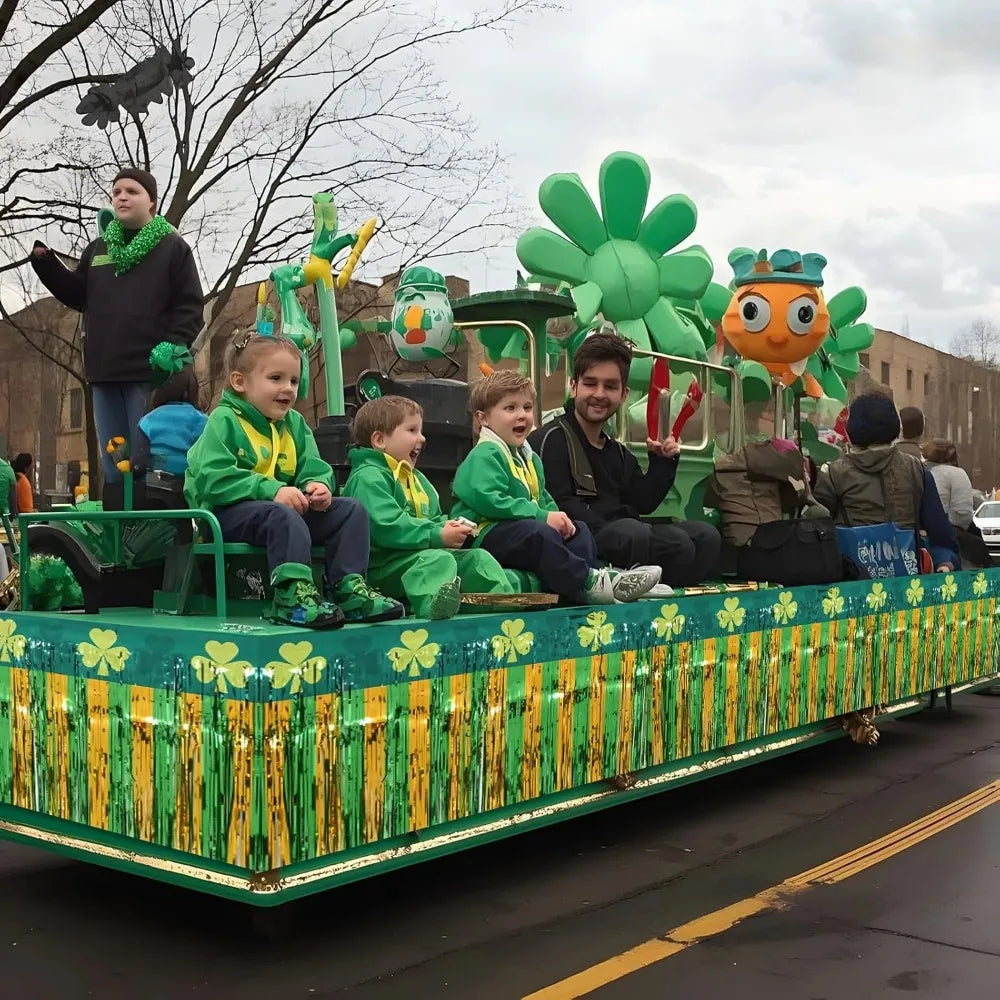 Mega-L St Patricks Day Decorations 4 Pack 78Ft Foil Fringe Garland Tinsel Banner, Green Gold Shamrock Pattern Metallic Hanging B