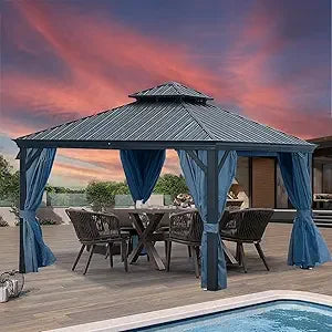 10 * 10FT Patic Gazebo with Steel Canopy,Outdoor Permanent Hardtop Gazebo Canopy for Patio, Garden, Backyard