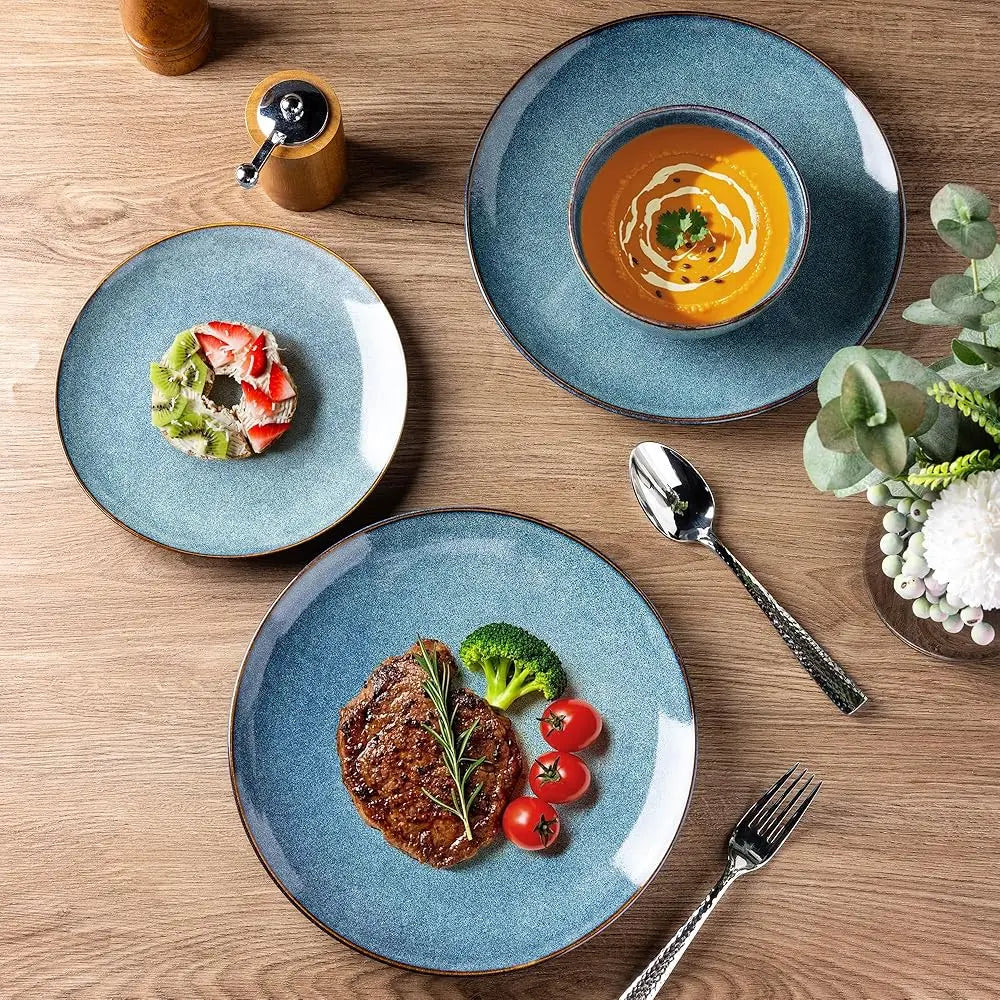 Ceramic Dinnerware Sets For 4, 12 Pieces Handpainted Plates And Bowls Set, Scratch Resistant Stoneware Dishes Set, Dishwasher &