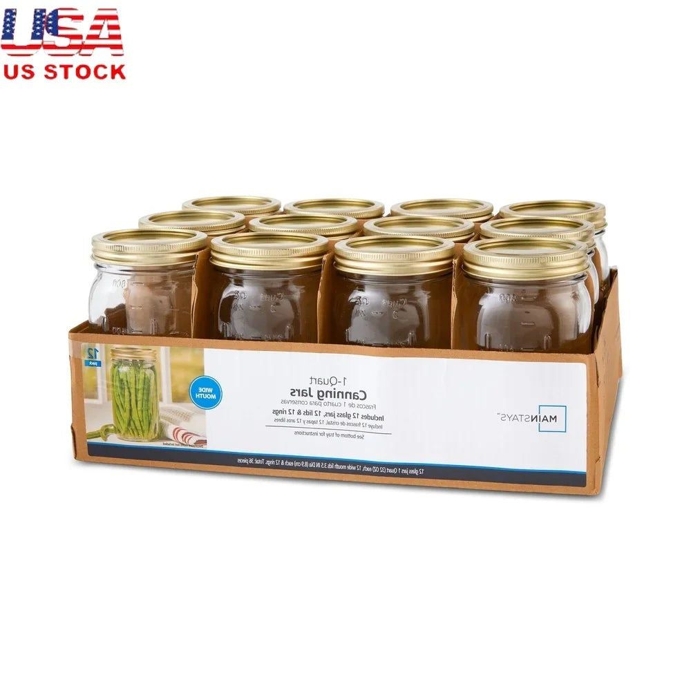 32oz Clear Glass Canning Jars with Airtight Seal Set of 12 Wide Mouth Jars Metal Lids Food Storage Preserving Jams Pickles