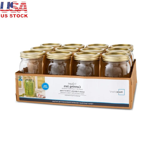 32oz Clear Glass Canning Jars with Airtight Seal Set of 12 Wide Mouth Jars Metal Lids Food Storage Preserving Jams Pickles