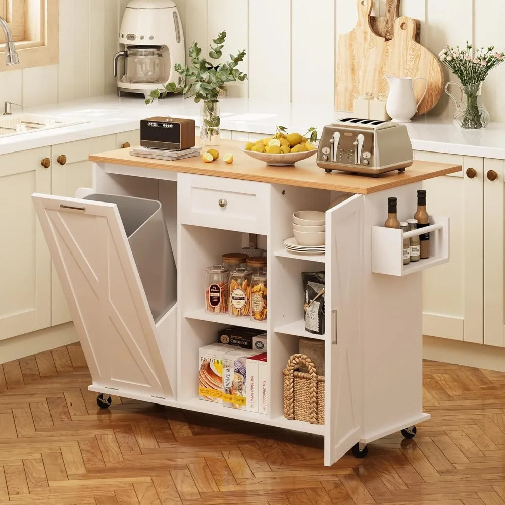 Rolling Kitchen Island with Trash Can Storage, 48” Kitchen Island Cart with Drop Leaf Countertop, Island Table with Drawer & She